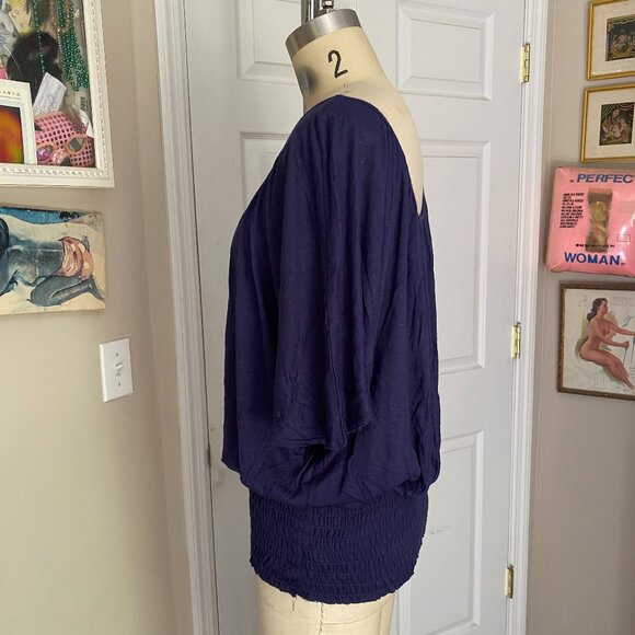 TAMMY MARS Navy stretch Y2K Batwing smocked Shirred Waist Shirt *SMALL* - Picture 3 of 5